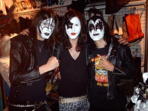 Mark (far left) in the Soho store dressed as Gene Simmons of Kiss